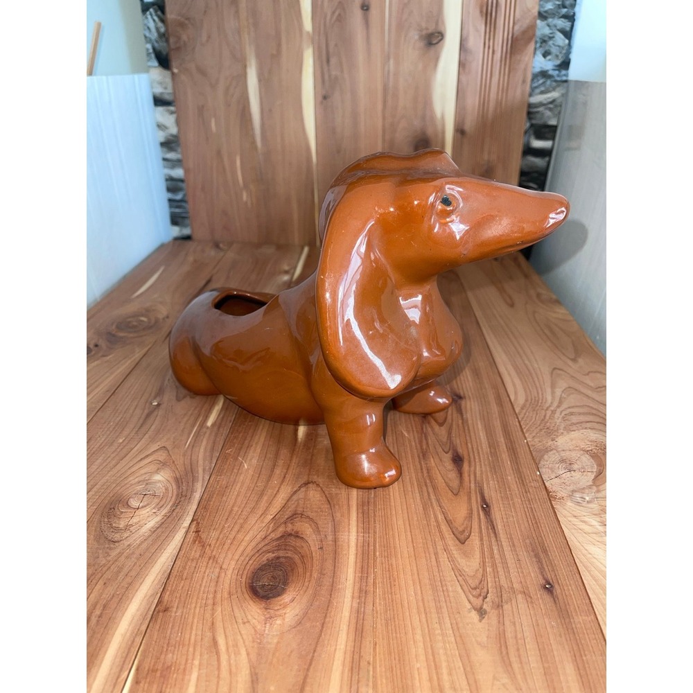 VTG  Daschund Dog Planter Ceramic 11" Art Deco Brown -Hotdog Floral Retro Garden - Picture 5 of 7